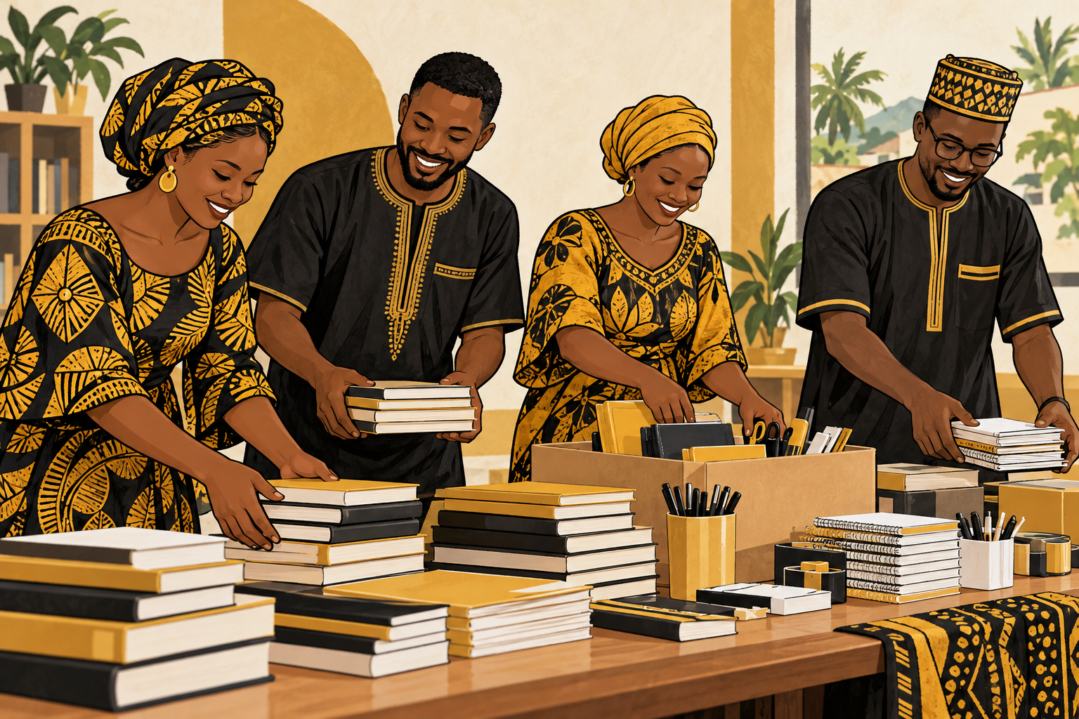 AI-generated illustration: Adults preparing materials for a community workshop; not an actual Foundation event.