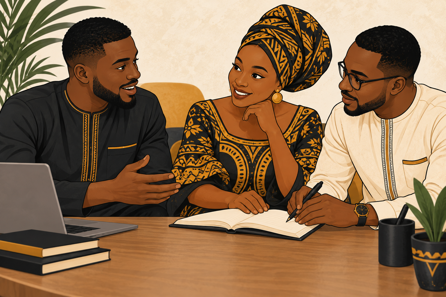 AI-generated illustration: Adults discussing career mentorship; not an actual Foundation event.